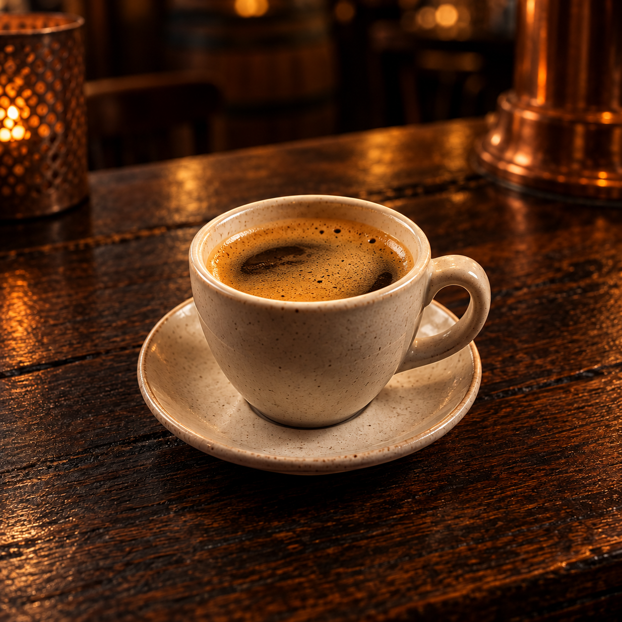 Espresso lungo v keramickej šálke na drevenom stole